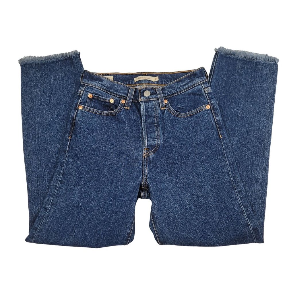Levis Premium Womens 24 x 25 Blue Jeans Wedgie Straight Big E Raw Hem Button Fly